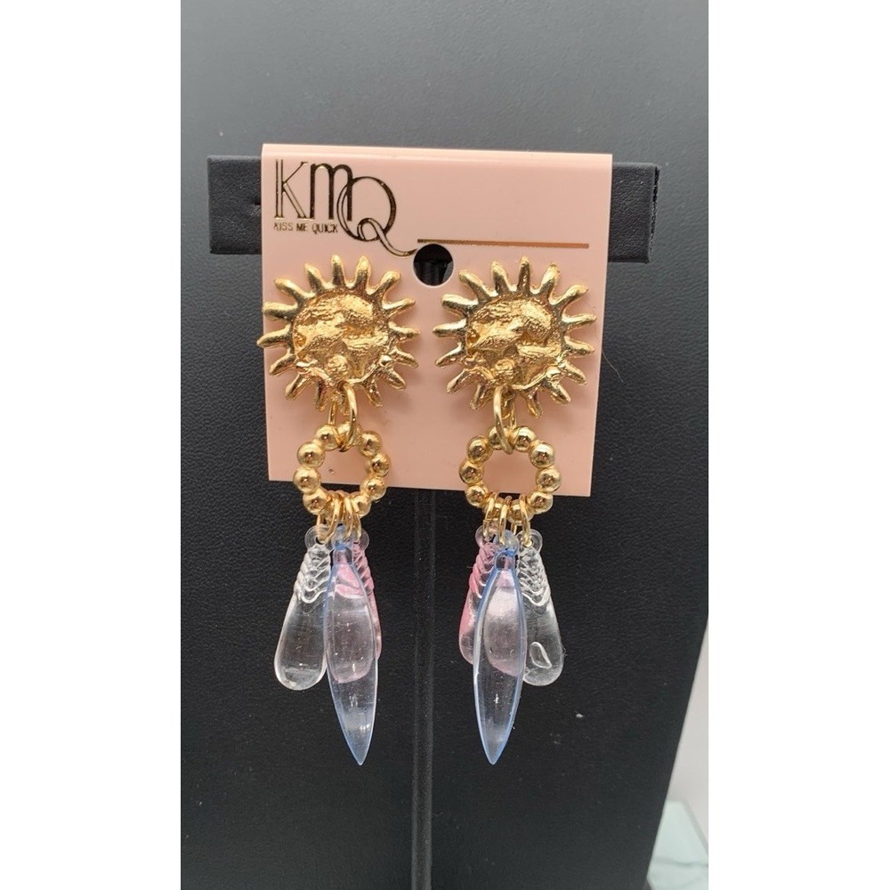 Vintage NOS 80s / 90s KMQ Kiss Me Quick Gold Tone Sun Iridescent Dangle Earrings